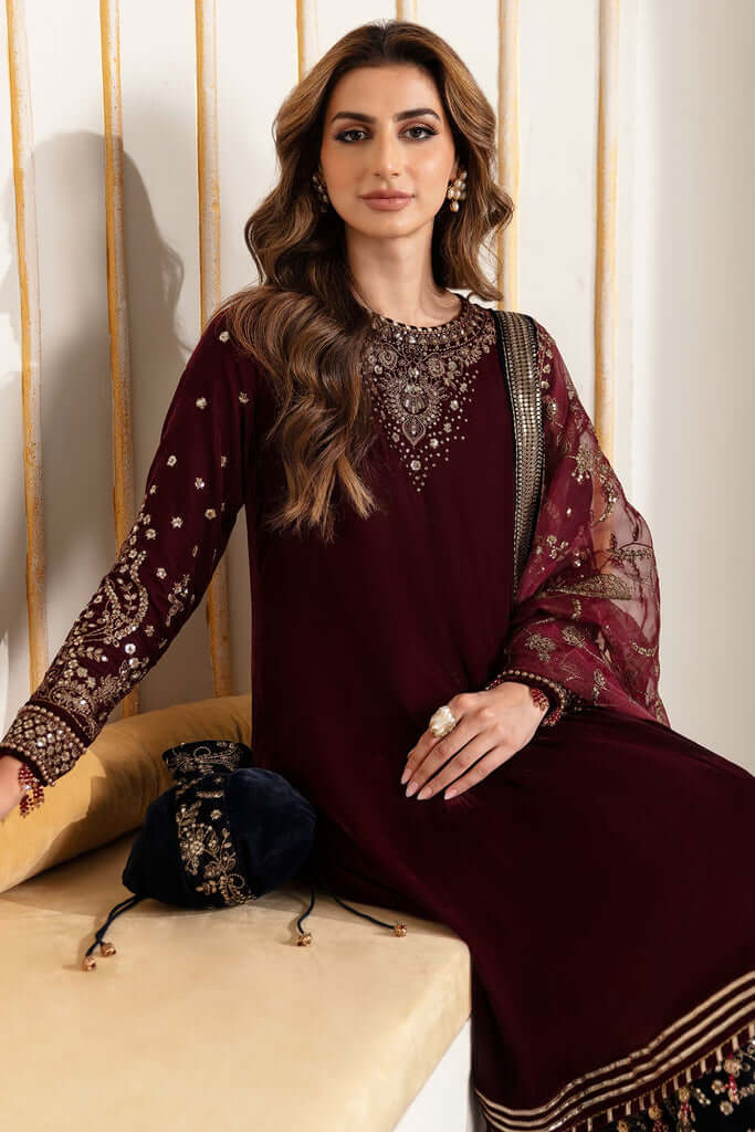 3 Piece Unstitched Heavy Embroidered Velvet Suit with Heavy Embroidered Organza Dupatta - Motif
