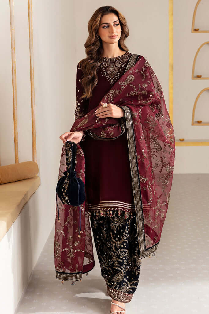3 Piece Unstitched Heavy Embroidered Velvet Suit with Heavy Embroidered Organza Dupatta - Motif