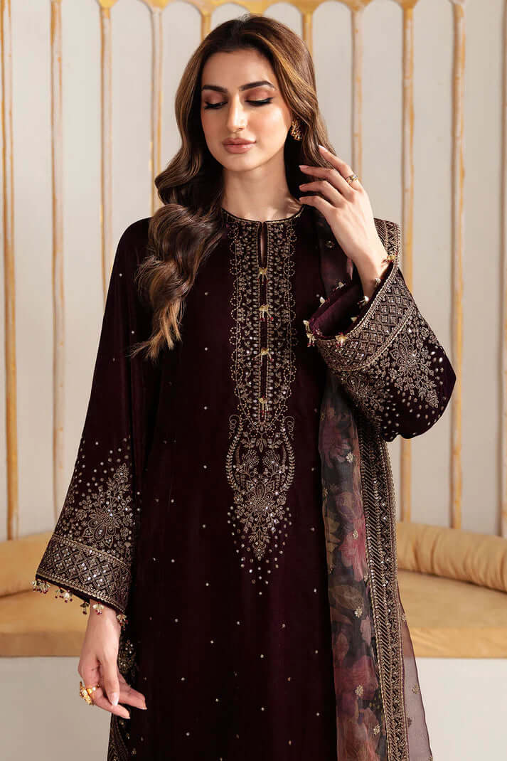 3 Piece Unstitched Heavy Embroidered Velvet Suit with Digital Printed Organza Dupatta - Motif