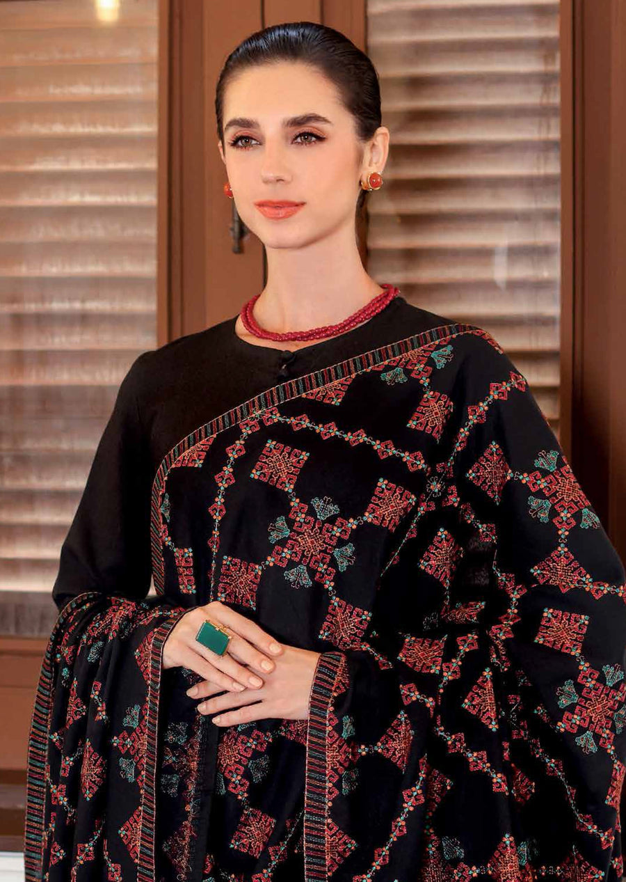 3 Piece Unstitched Heavy Embroidered Dhanak Suit with Heavy Embroidered Dhanak Wool Shawl - Motif