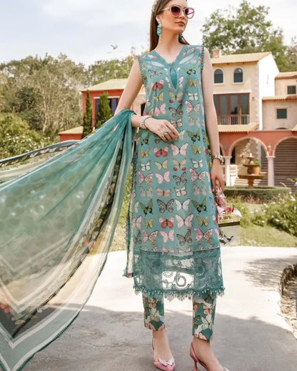3 Piece Unstitched Embroidered Lawn Suit ( Digital Printed Bamber Chiffon Dupatta ) - Motif