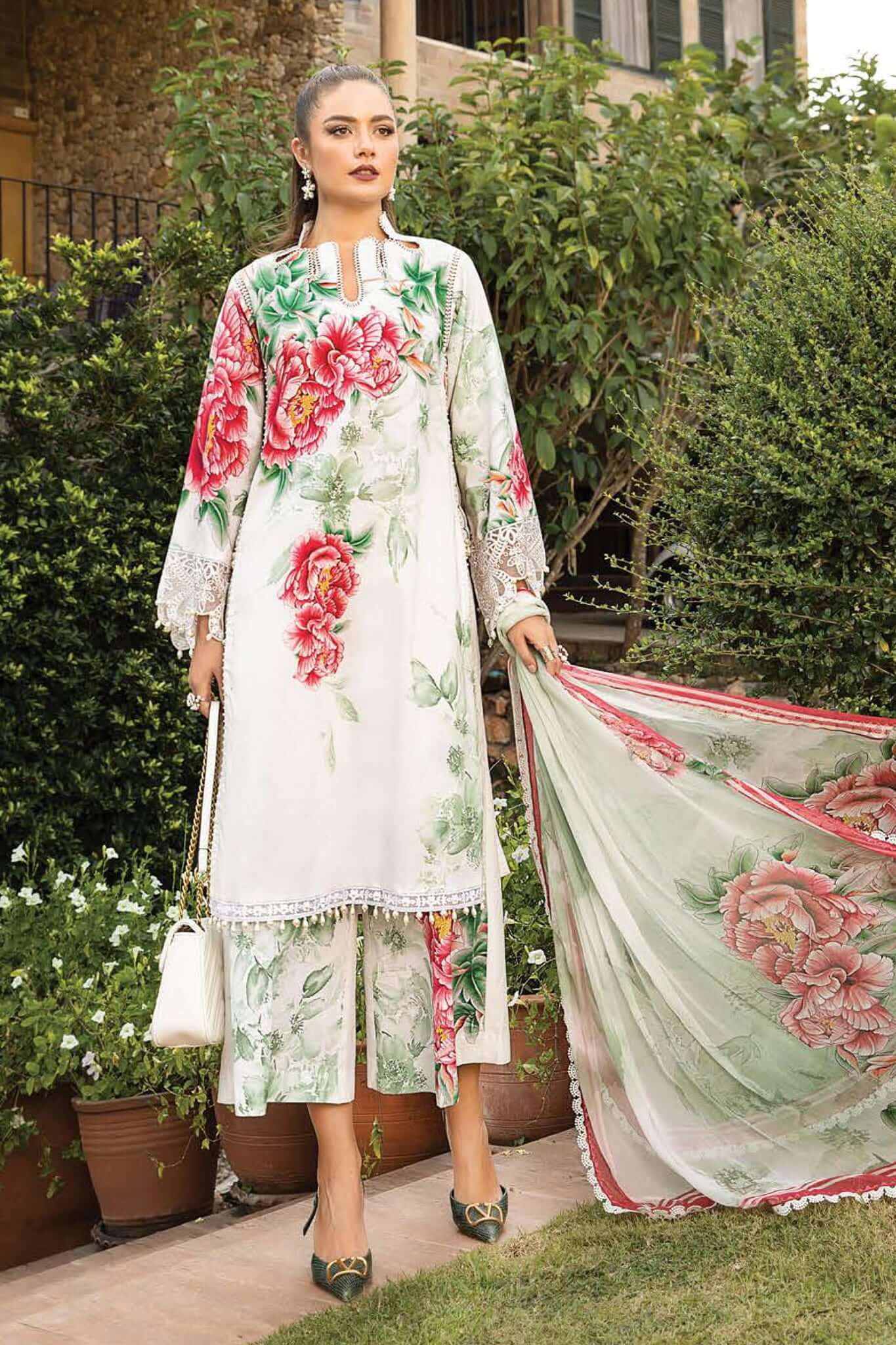 3 Piece Unstitched Embroidered Lawn Suit ( Digital Printed Bamber Chiffon Dupatta ) - Motif
