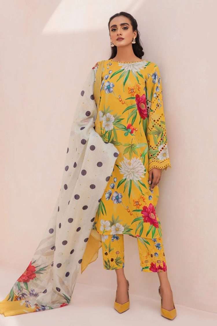 3 Piece Unstitched Embroidered Lawn Suit ( Fine Printed Silk Dupatta ) - Motif