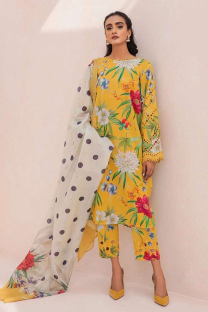 3 Piece Unstitched Embroidered Lawn Suit ( Fine Printed Silk Dupatta ) - Motif