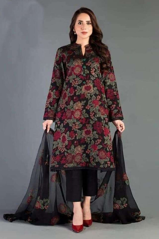 3 Piece Unstitched Heavy Embroidered Lawn Suit ( Full Embroidered Bamber Chiffon Dupatta ) - Motif