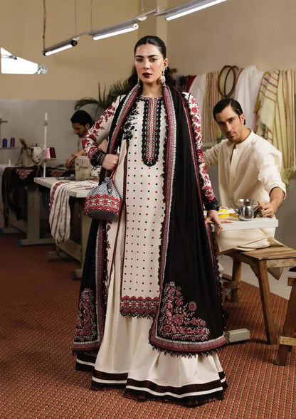 3 Piece Unstitched Heavy Embroidered Marina Suit ( Four Sided Embroidered Marina Dupatta ) - Motif