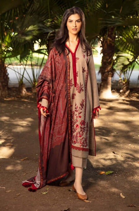 3 Piece Unstitched Heavy Embroidered Dhanak Wool Suit ( Printed Woolen Shawl ) - Motif