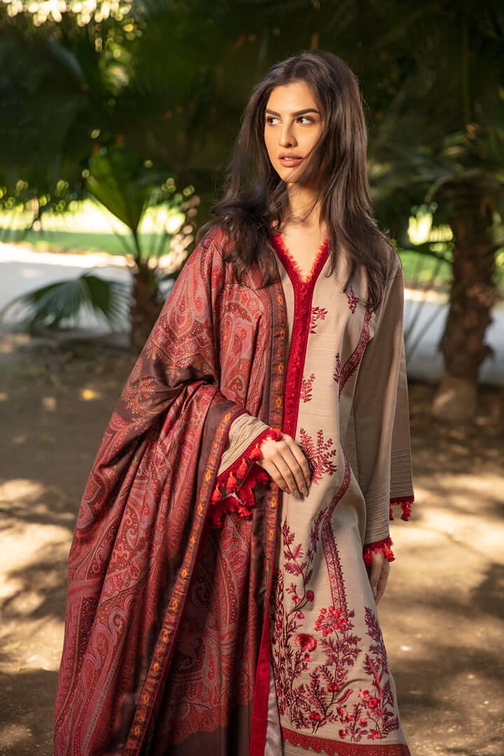 3 Piece Unstitched Heavy Embroidered Dhanak Wool Suit ( Printed Woolen Shawl ) - Motif