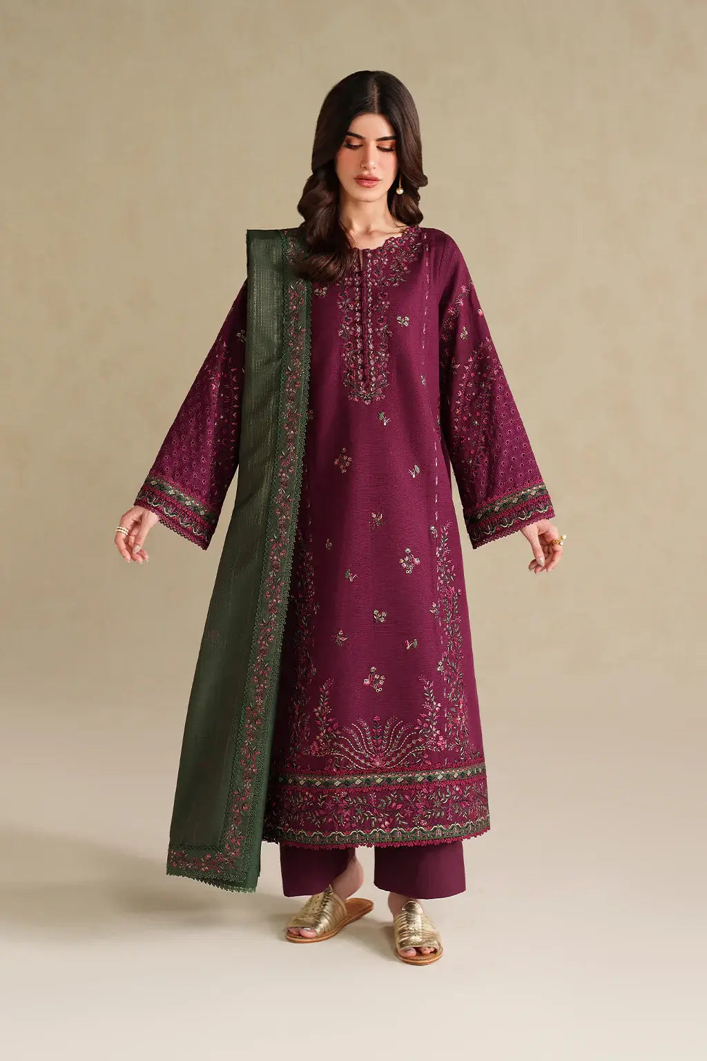 IZ-2705 3 Piece Unstitched Embroidered Dhanak Fabric With Four-sided Embroidered Shawl