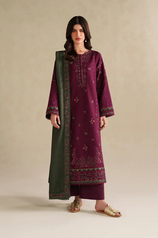 3 Piece Unstitched Embroidered Dhanak Fabric With Four-Sided Embroidered Shawl