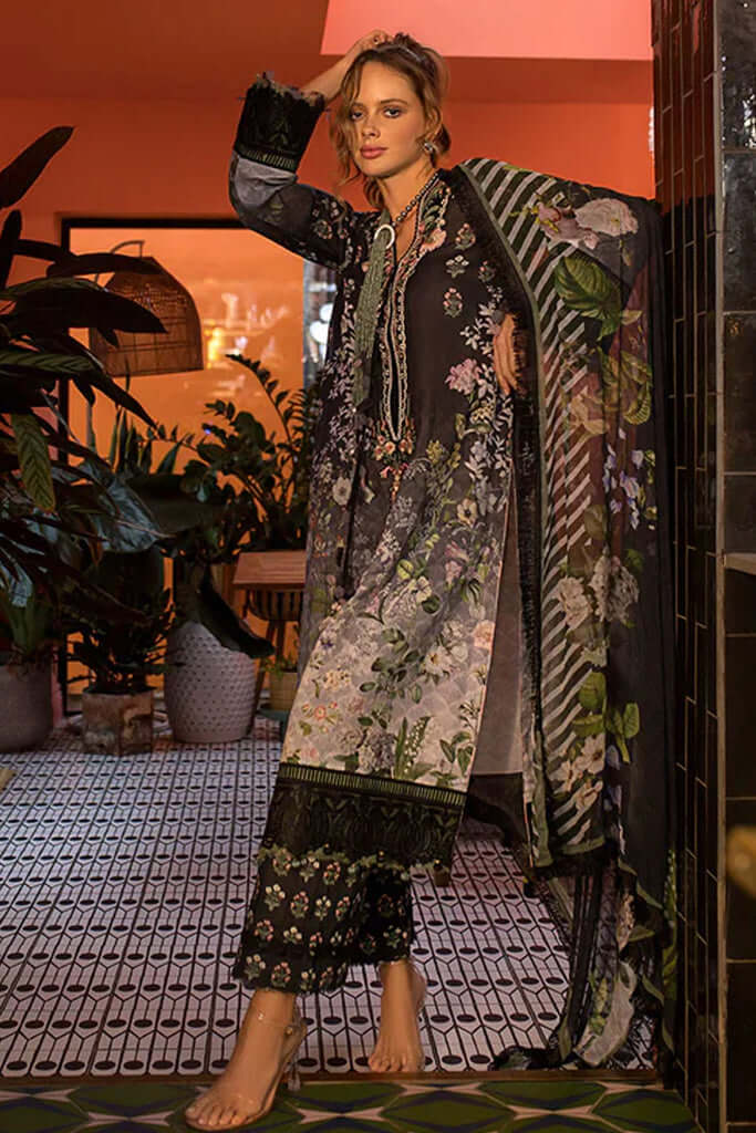 3 Piece Unstitched Embroidered Lawn Suit ( Fine Printed Silk Dupatta ) - Motif