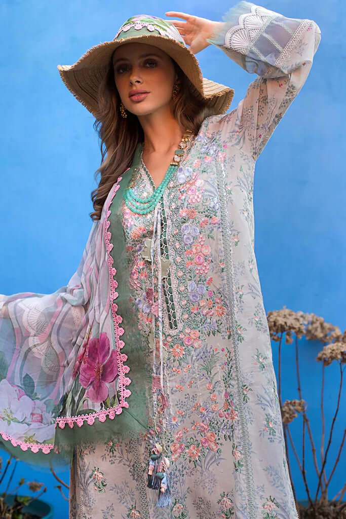 3 Piece Unstitched Embroidered Lawn Suit ( Fine Printed Silk Dupatta ) - Motif