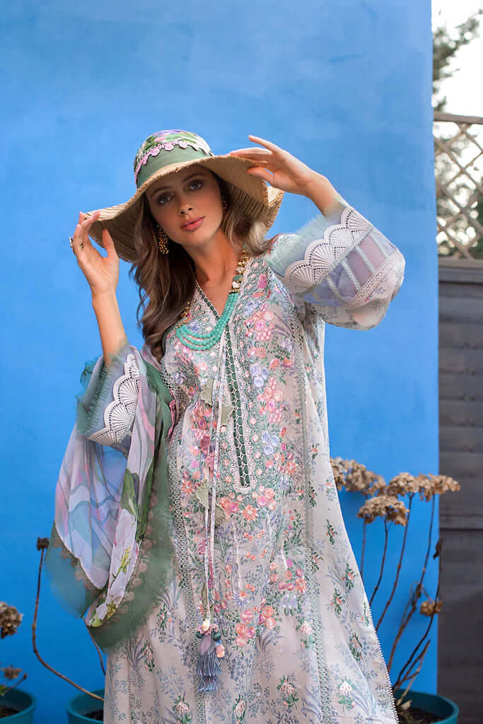 3 Piece Unstitched Embroidered Lawn Suit ( Fine Printed Silk Dupatta ) - Motif