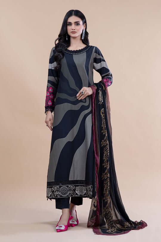 3 Piece Unstitched Heavy Embroidered Lawn Suit ( Printed Chiffon Dupatta ) - Motif