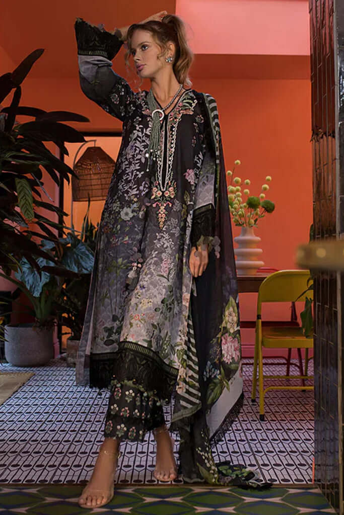 3 Piece Unstitched Embroidered Lawn Suit ( Fine Printed Silk Dupatta ) - Motif