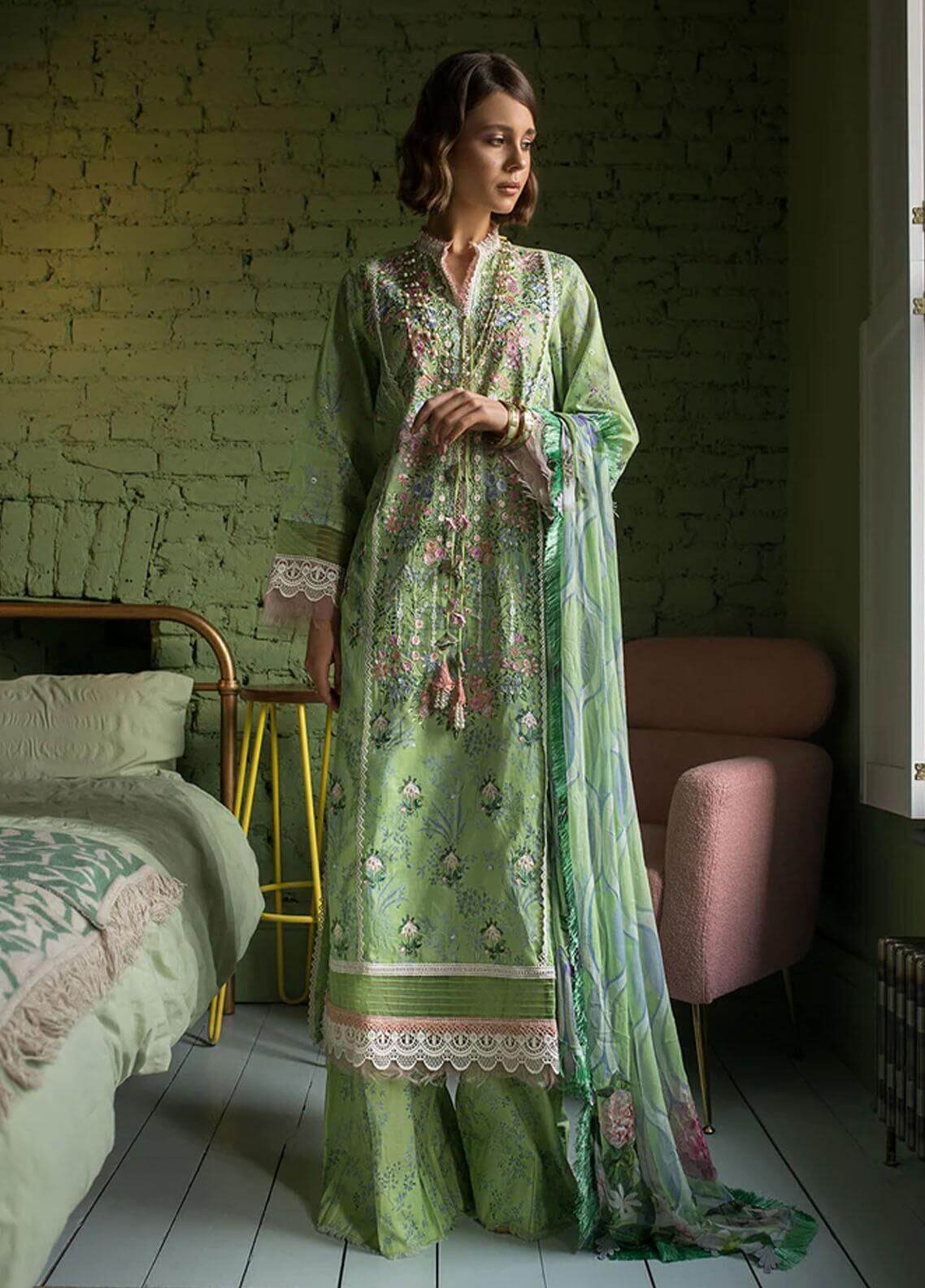 3 Piece Unstitched Embroidered Lawn Suit ( Fine Printed Silk Dupatta ) - Motif