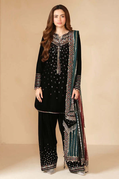 Unstitched Embroidered Velvet Suit 3 PEC with Embroidered Chiffon Dupatta