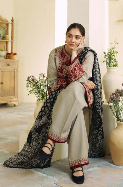 Unstitched Embroidered Dhanak Suit 3 PEC with Printed Woolen Shawl