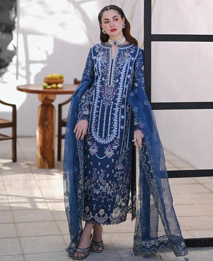 Unstitched 3 Piece Heavy Embroidered Pure Lawn Suit with Four Sided Embroidered Organza Dupatta