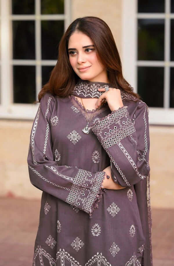 Unstitched 3 Piece Fully Embroidered Dhanak Suit with Embroidered Wool Shawl