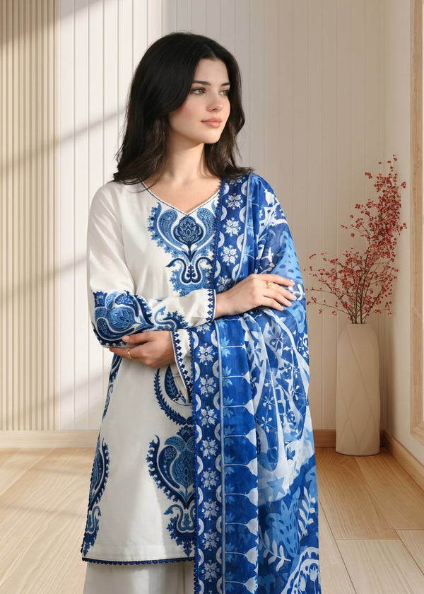 Unstitched 3 Piece Embroidered Dhanak Fabric With Printed Blended Shawl