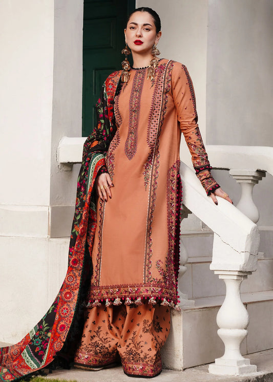 Unstitched 3 Piece Fully Embroidered Dhanak Suit with Printed Woolen Shawl