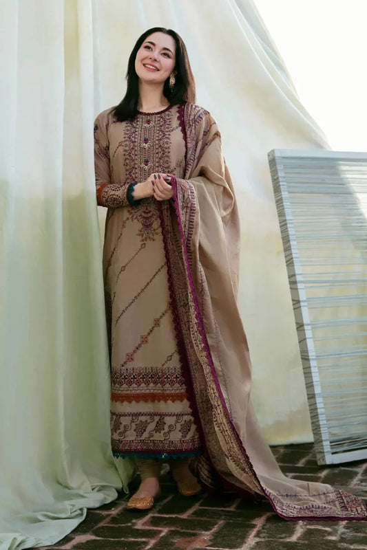 Unstitched 3 Piece Fully Embroidered Dhanak Suit with Embroidered Dhanak Shawl