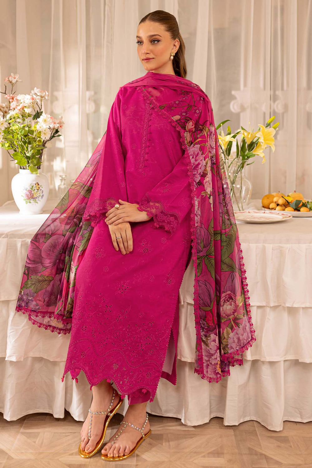 Unstitched 3 Piece Fully Embroidered Lawn Dress With Printed Monar Dupatta