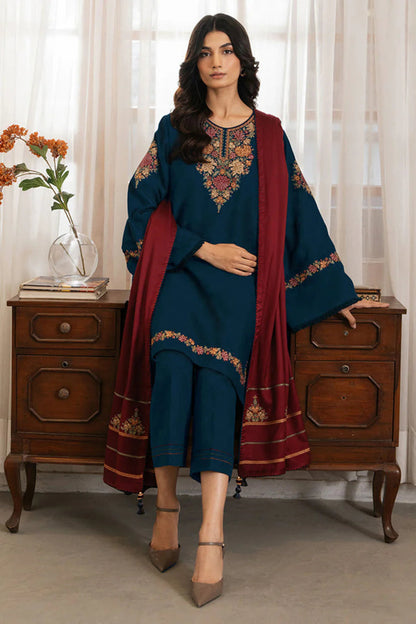 JZ 3030 - 3 Piece Unstitched Embroidered Dhanak Fabric With Embroidered Dhanak Shawl