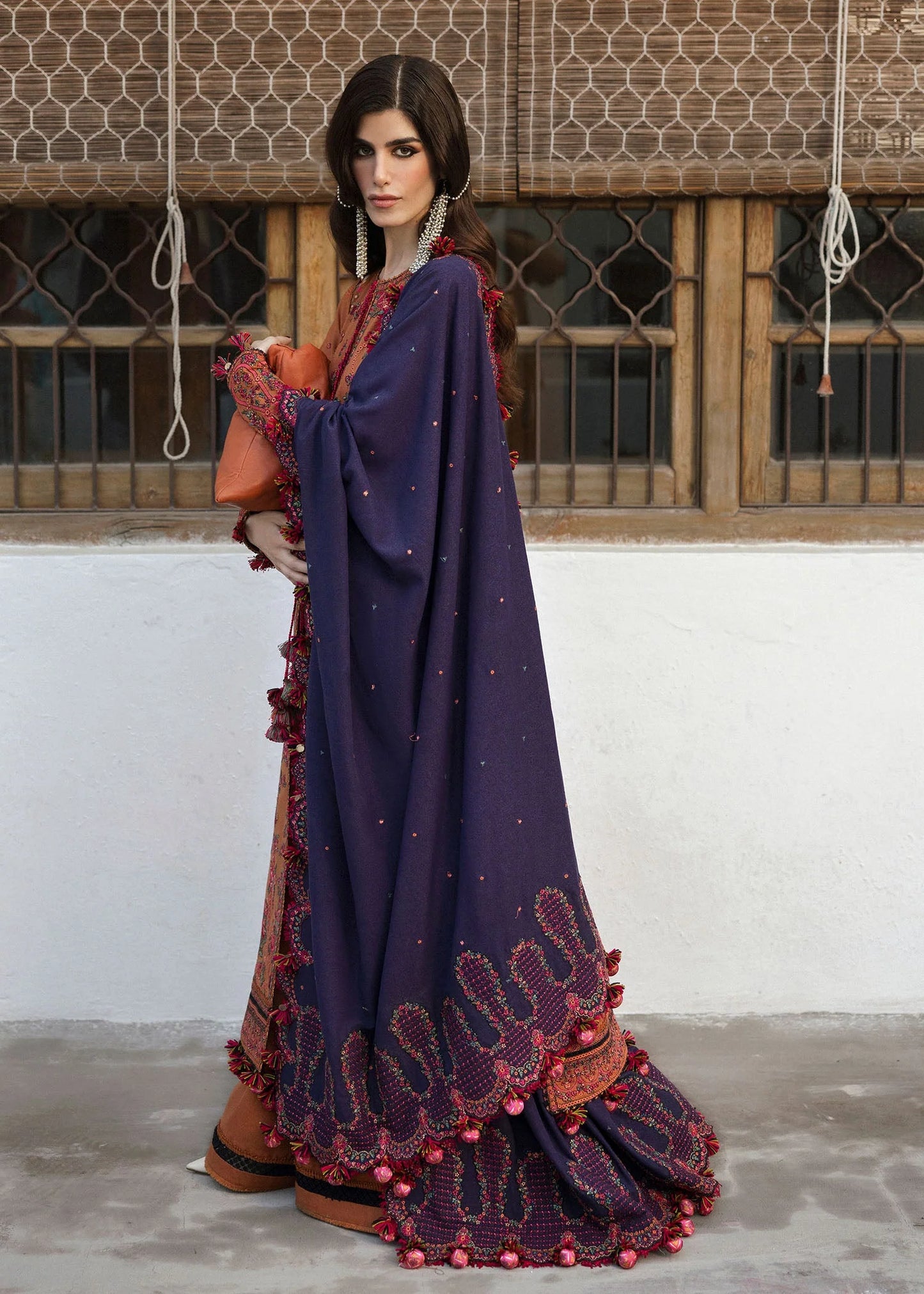 Unstitched 3 Piece Fully Embroidered Dhanak Suit with Embroidered Dhanak Shawl