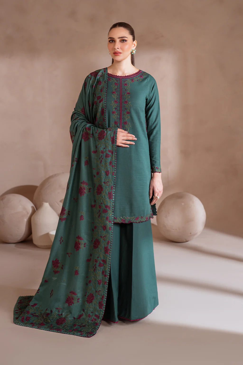 IZ 2925 - 3 Piece Unstitched Embroidered Dhanak Suit With Dhanak Embroidered Shawl