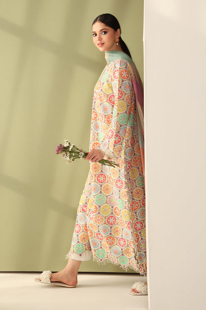 Unstitched 3 Piece Digital Printed Lawn Suit with Printed Monar Dupatta