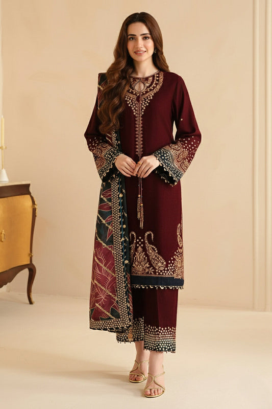 Unstitched 3 Piece Fully Embroidered Velvet Suit with Embroidered Organza Dupatta