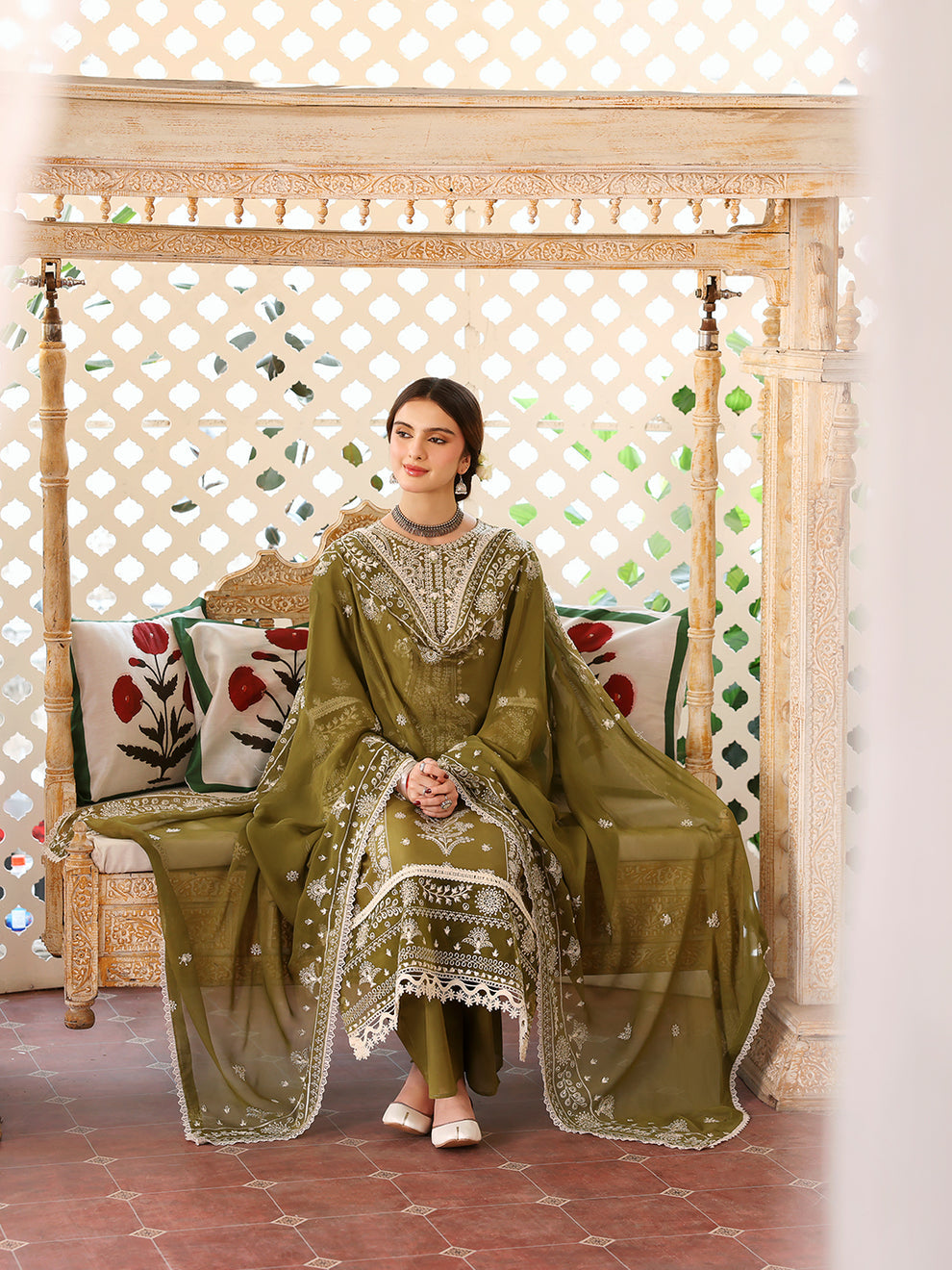 Unstitched 3 Piece Fully Embroidered Dhanak Suit with Embroidered Dhanak Shawl