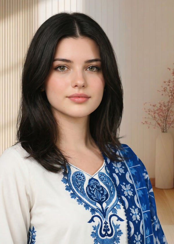 Unstitched 3 Piece Embroidered Dhanak Fabric With Printed Blended Shawl