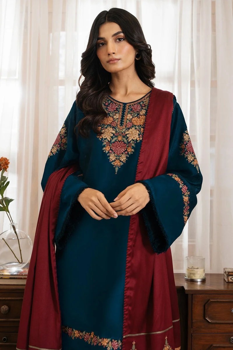 JZ 3030 - 3 Piece Unstitched Embroidered Dhanak Fabric With Embroidered Dhanak Shawl