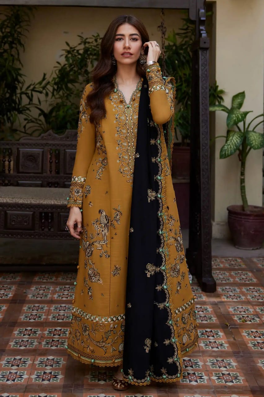 Unstitched 3 Piece Fully Embroidered Dhanak Fabric With Embroidered Dhanak Shawl
