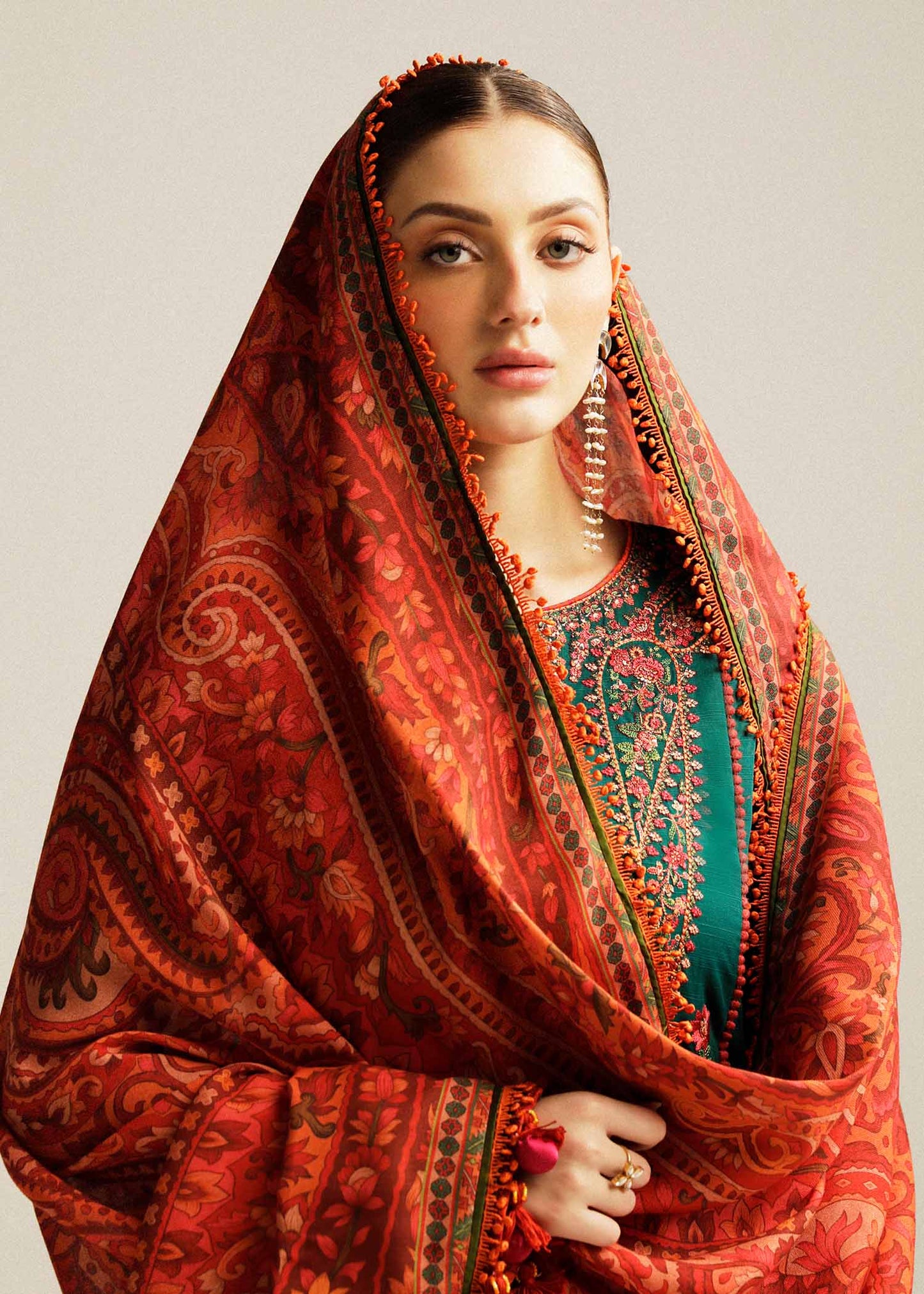 Unstitched 3 Piece Fully Embroidered Dhanak Suit With Printed Woolen Shawl