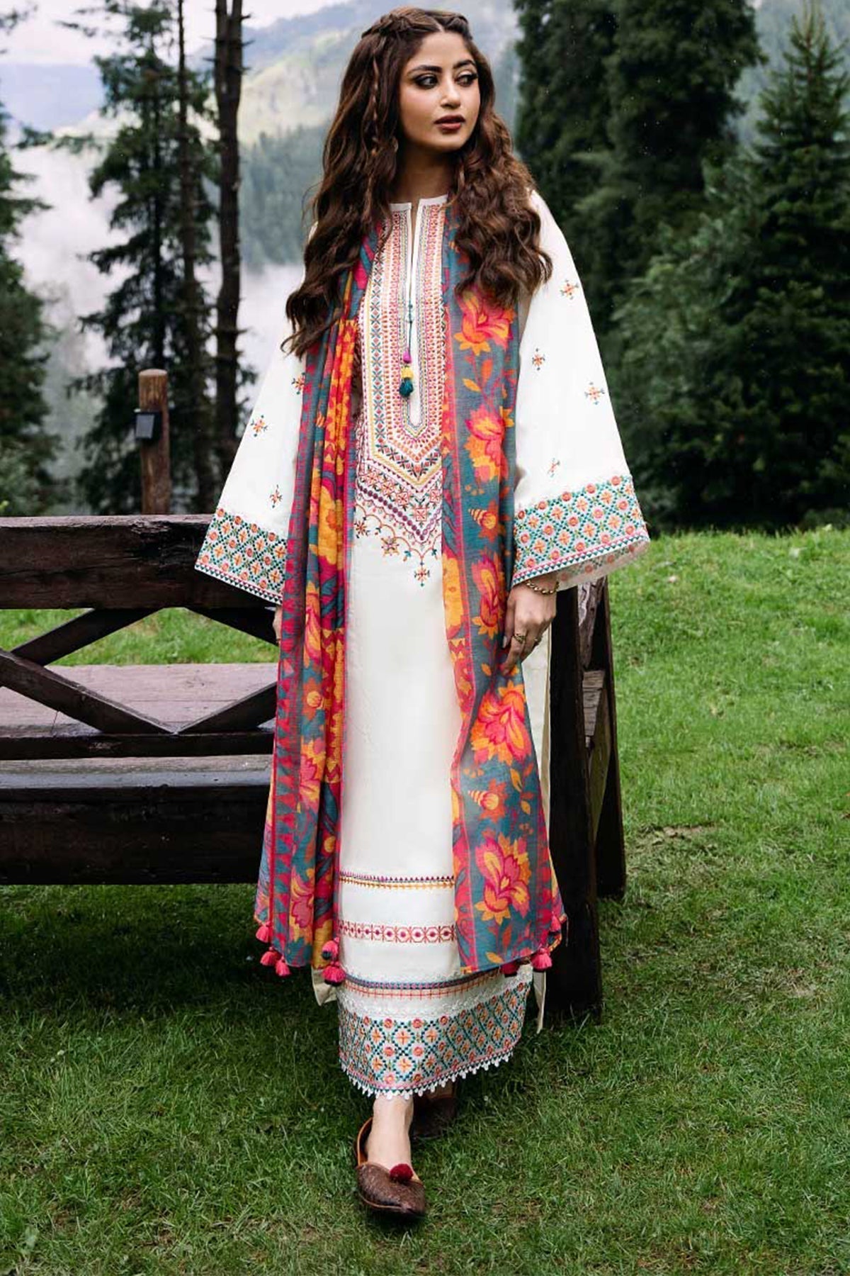 Unstitched 3 Piece Fully Embroidered Lawn Suit With Printed Monar Dupatta