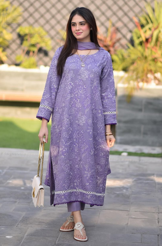 Unstitched 3 Piece Fully Embroidered Lawn Suit With Shiffon Dupatta