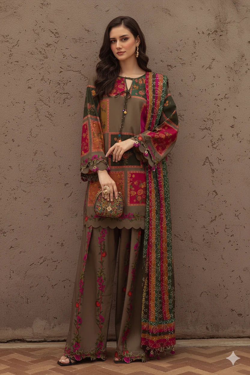 3 Piece Unstitched Digital Printed Khaddar Suit With Printed Khaddar Dupatta