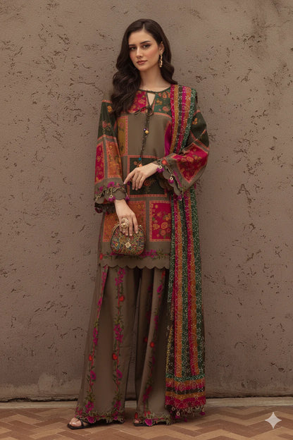 3 Piece Unstitched Digital Printed Khaddar Suit With Printed Khaddar Dupatta