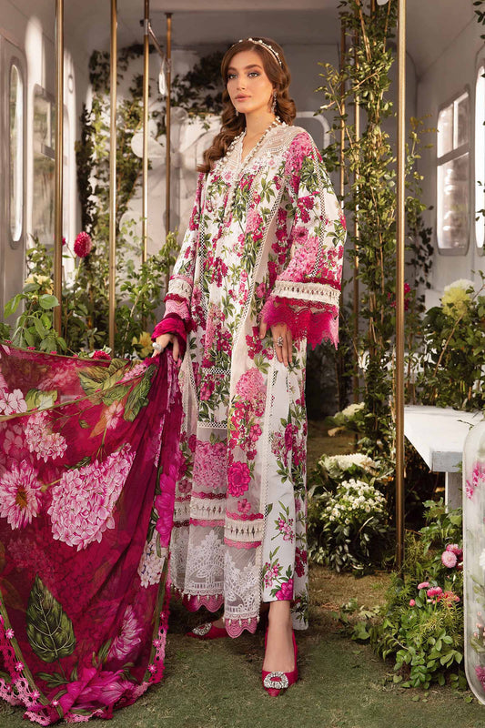 Unstitched 3 Piece Digital Printed And Embroidered Lawn Dress With Silk Dupatta