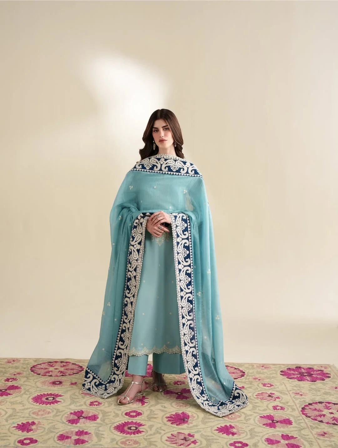 3 Piece Unstitched Fully Embroidered Dhanak Dress With Dhanak Embroidered Shawl
