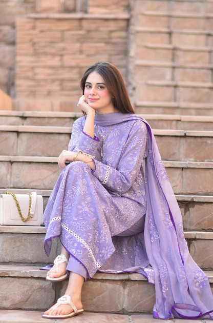 Unstitched 3 Piece Fully Embroidered Lawn Suit With Shiffon Dupatta