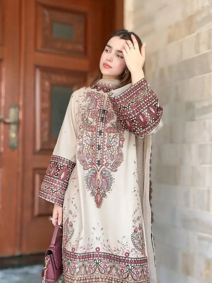 LM 2965 - 3 Piece Unstitched Embroidered Dhanak Fabric with Dhanak Embroidered Shawl