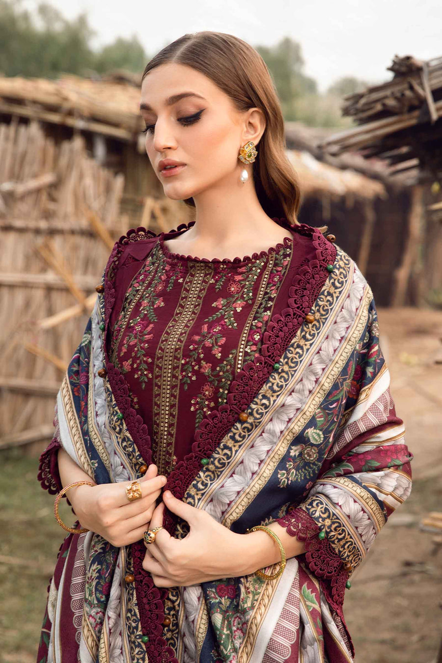 Unstitched 3 Piece Fully Embroidered Dhanak Suit with Printed Woolen Shawl