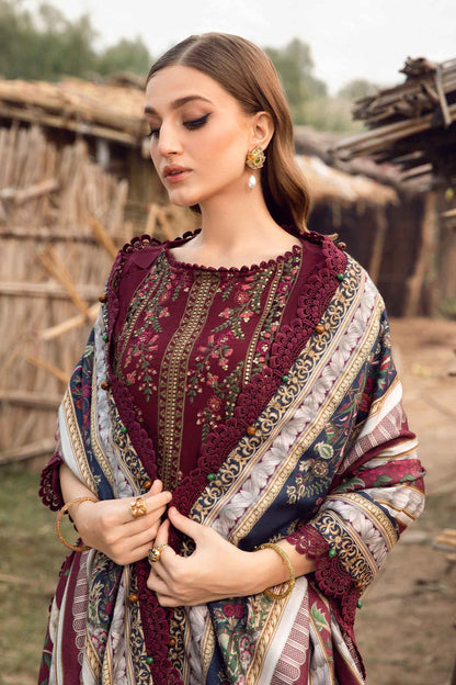 Unstitched 3 Piece Fully Embroidered Dhanak Suit with Printed Woolen Shawl