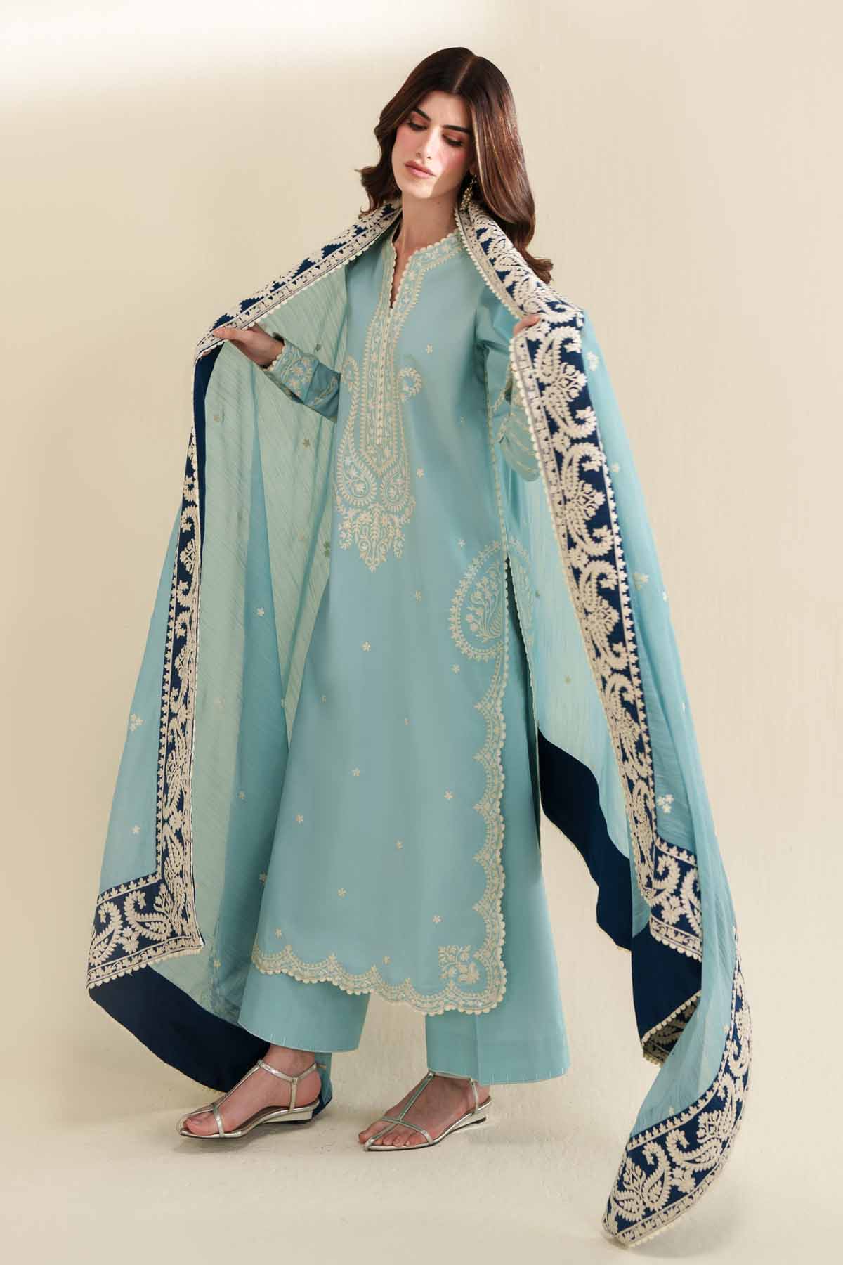 3 Piece Unstitched Fully Embroidered Dhanak Dress With Dhanak Embroidered Shawl