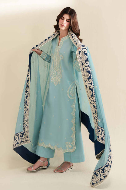 3 Piece Unstitched Fully Embroidered Dhanak Dress With Dhanak Embroidered Shawl